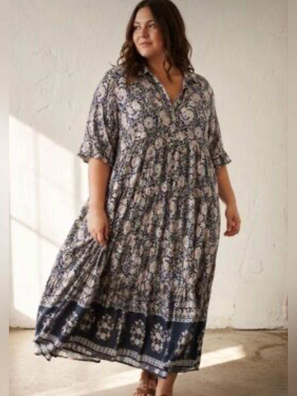 Natural Life Boho Floral Slight Hi Low Maxi Dress in Navy and Pink Plus Size XXL